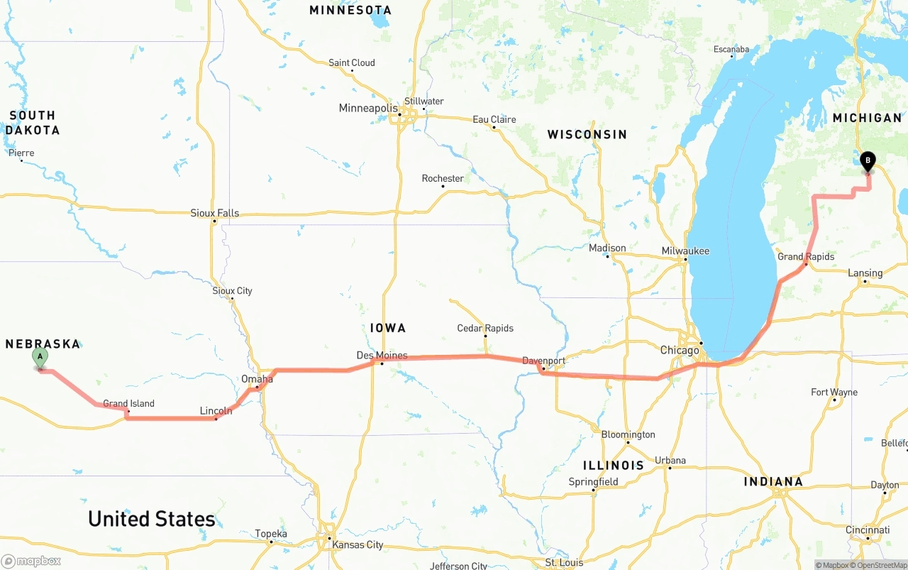 Shipping route from Nebraska to Michigan