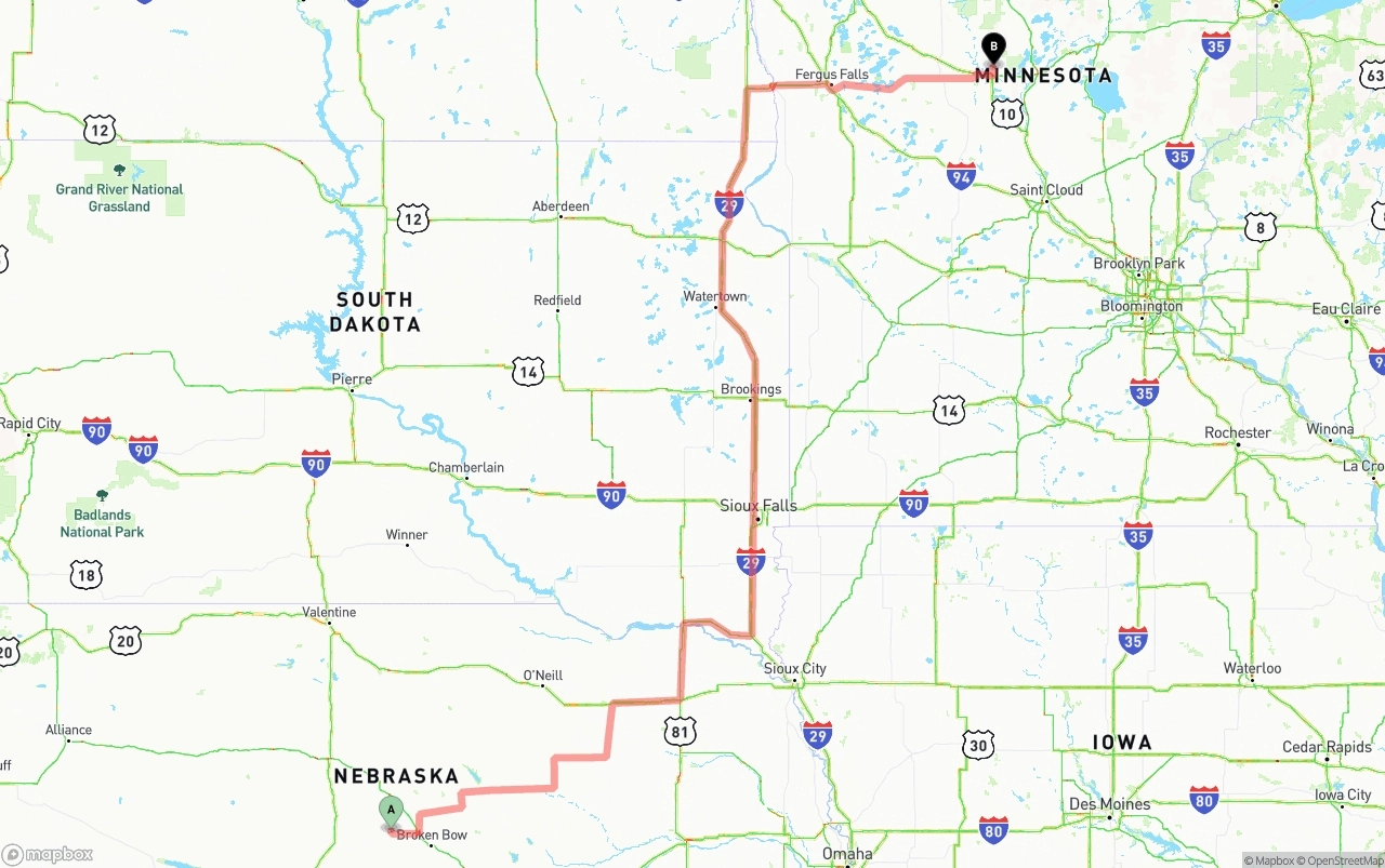 Shipping route from Nebraska to Minnesota