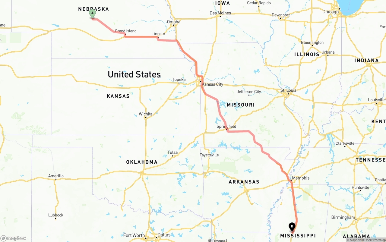 Shipping route from Nebraska to Mississippi