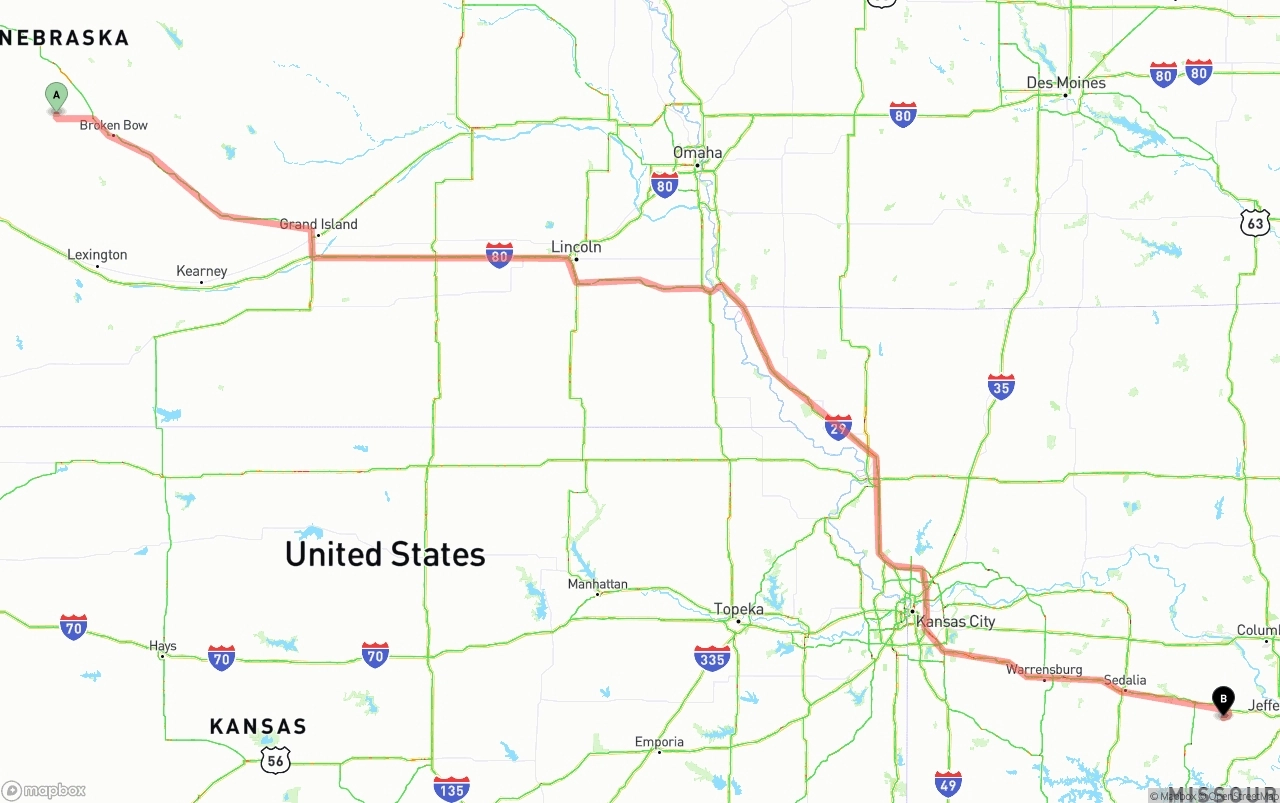 Shipping route from Nebraska to Missouri