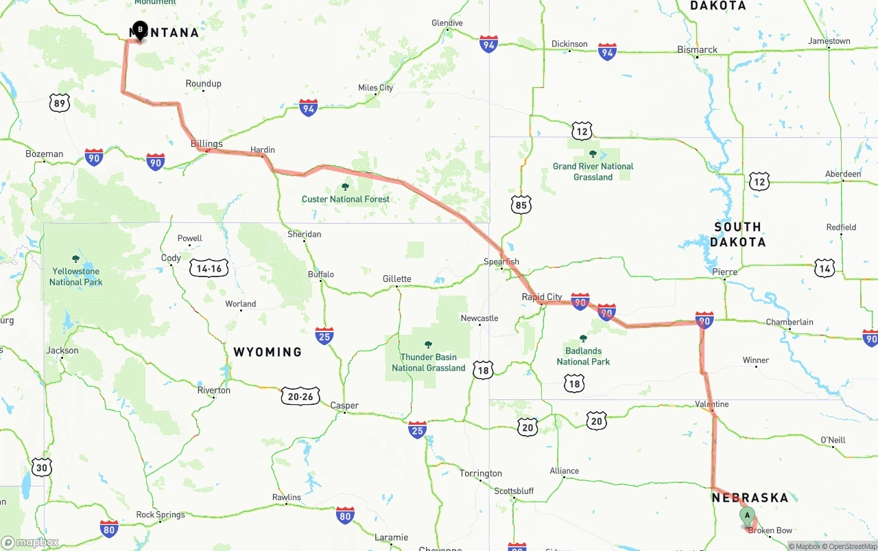 Shipping route from Nebraska to Montana