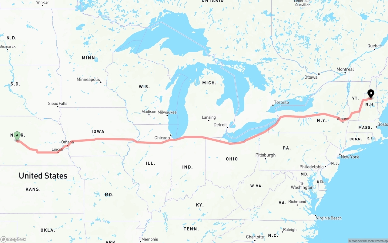 Shipping route from Nebraska to New Hampshire