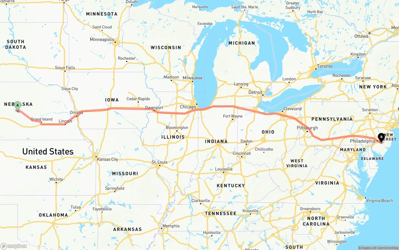Shipping route from Nebraska to New Jersey