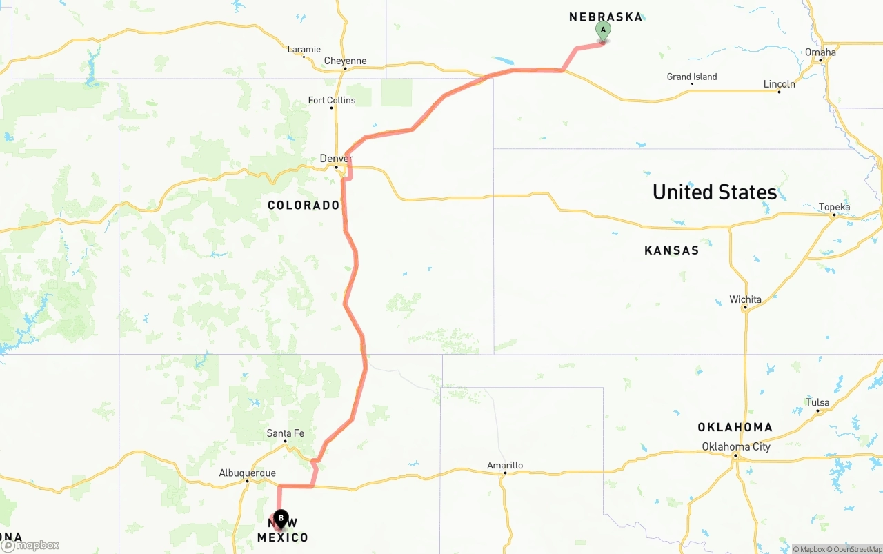 Shipping route from Nebraska to New Mexico