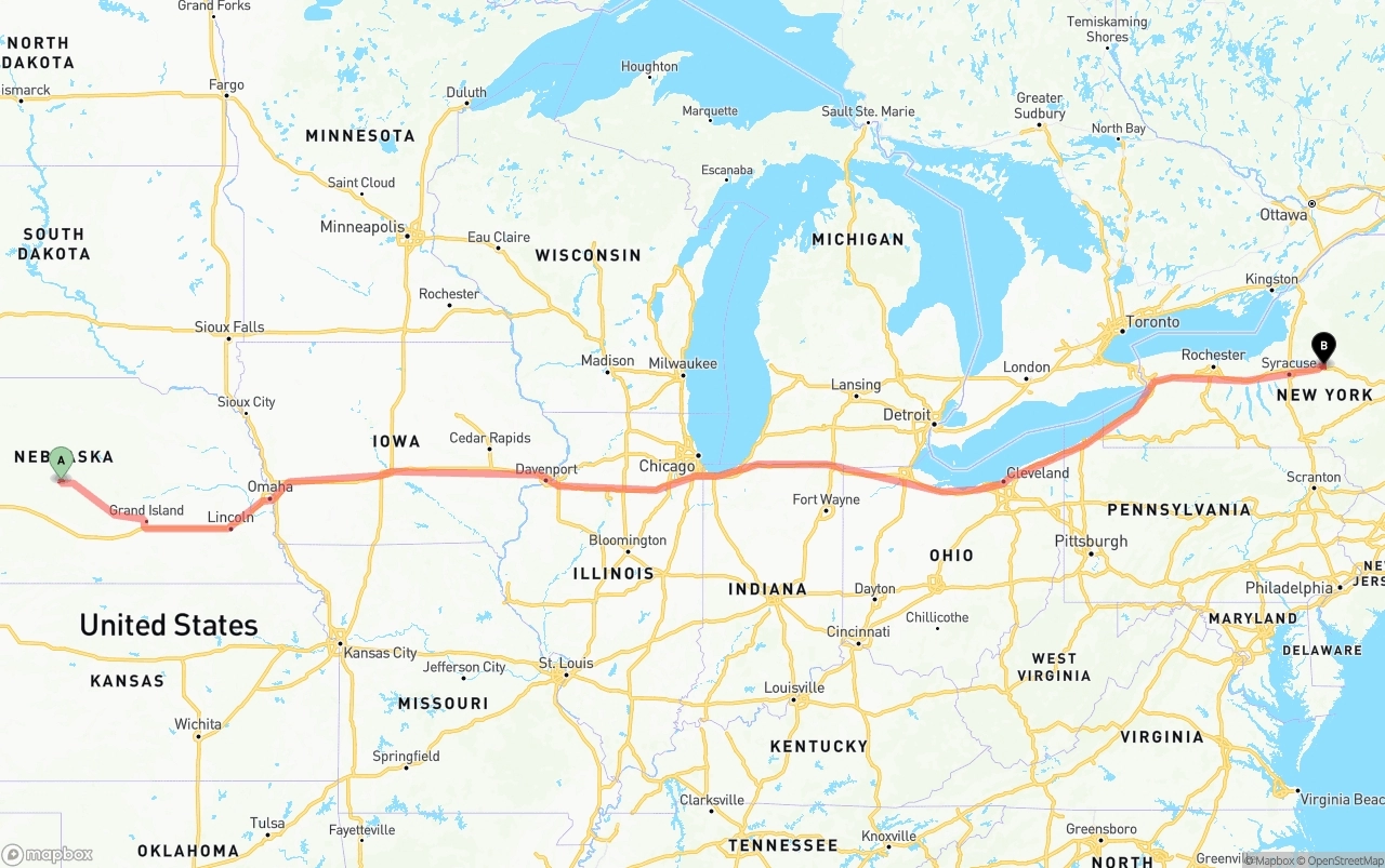 Shipping route from Nebraska to New York