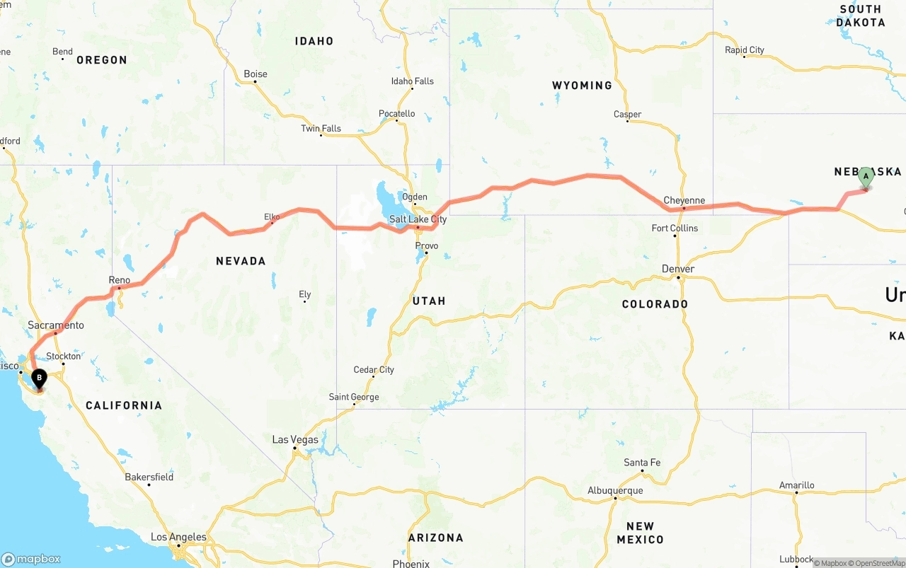 Shipping route from Nebraska to Norman Y. Mineta San Jose International Airport