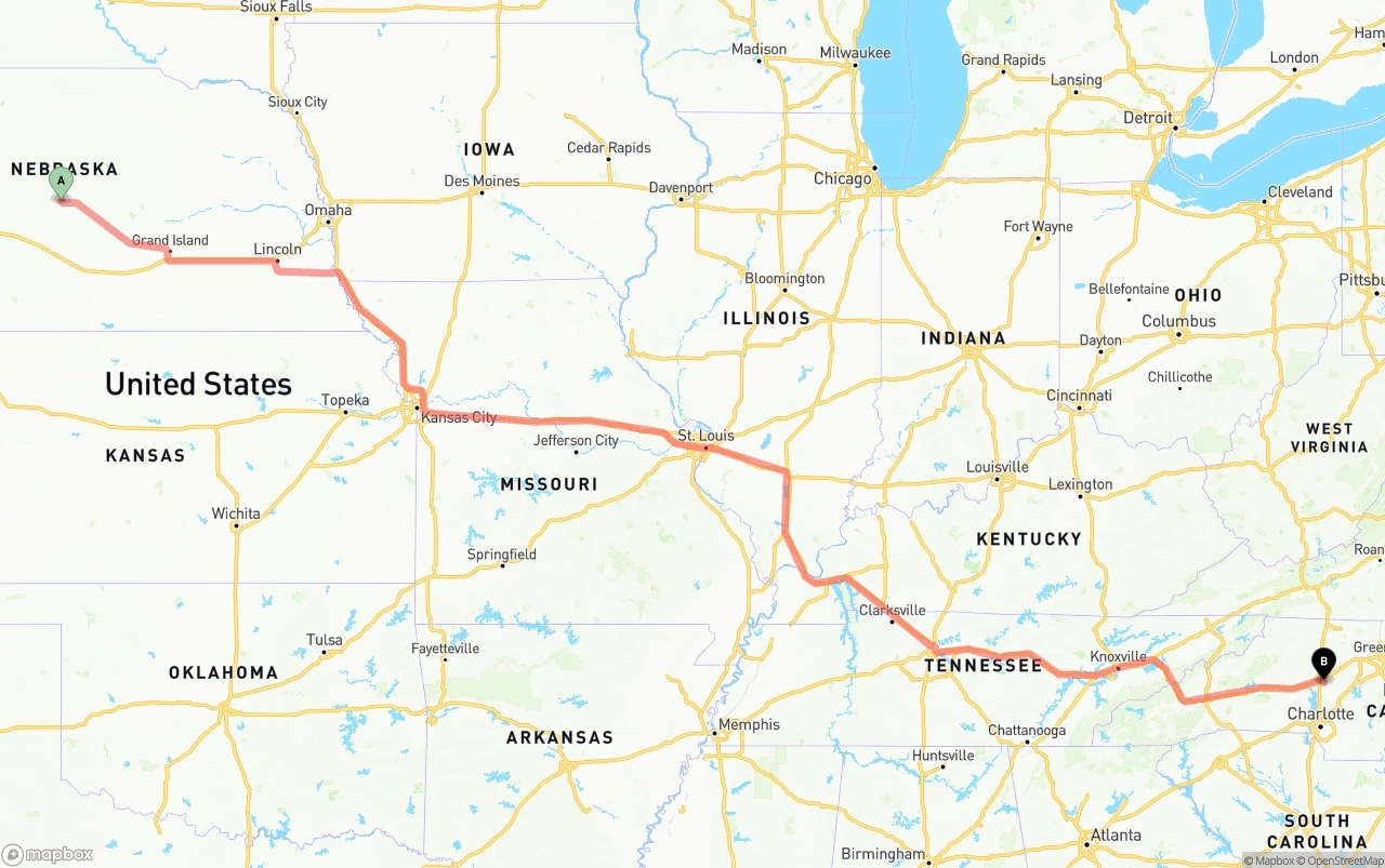 Shipping route from Nebraska to North Carolina