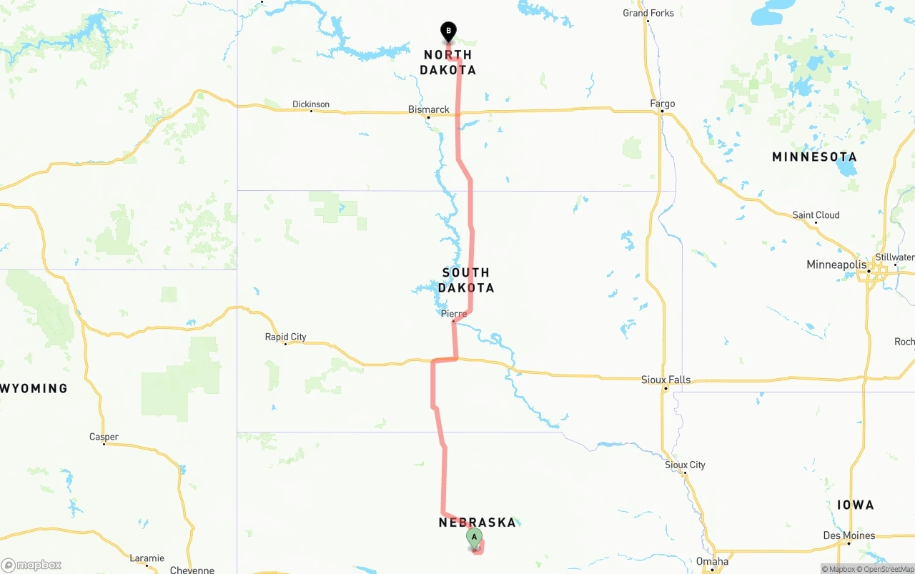 Shipping route from Nebraska to North Dakota