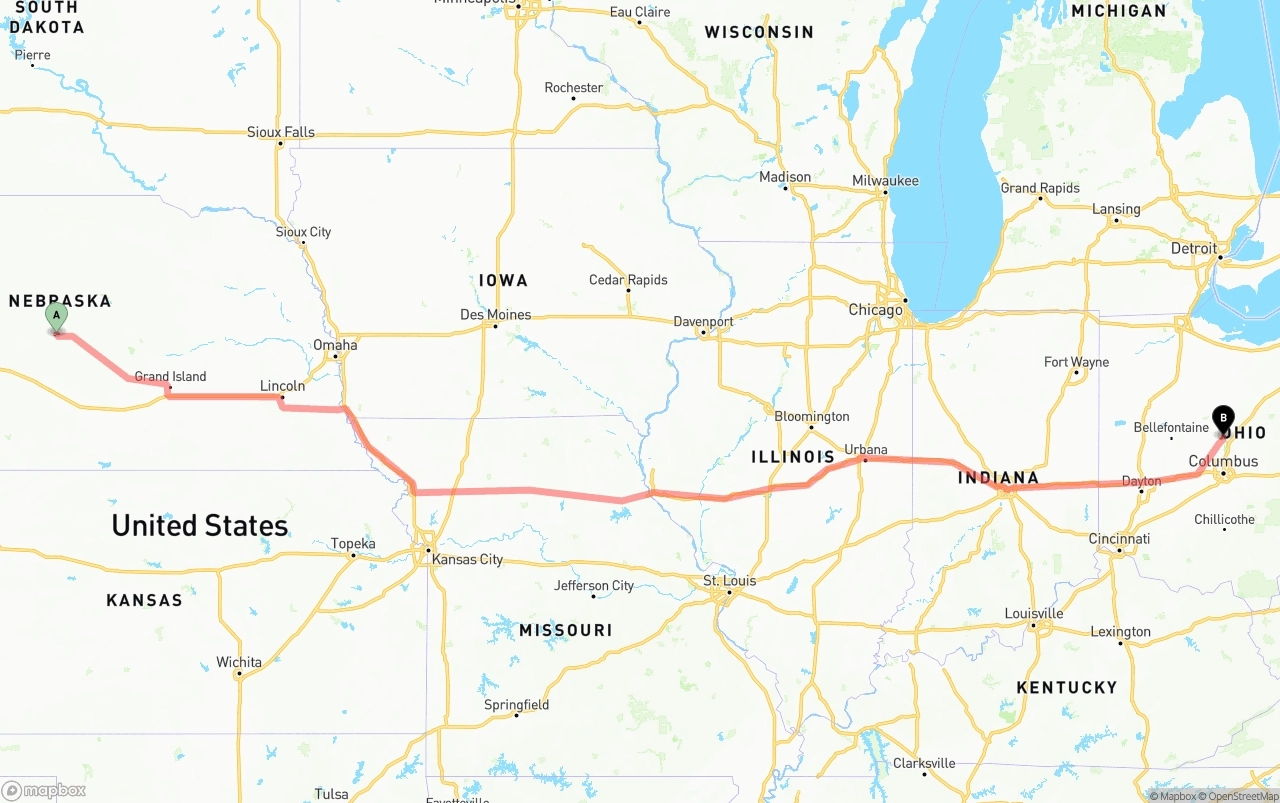 Shipping route from Nebraska to Ohio