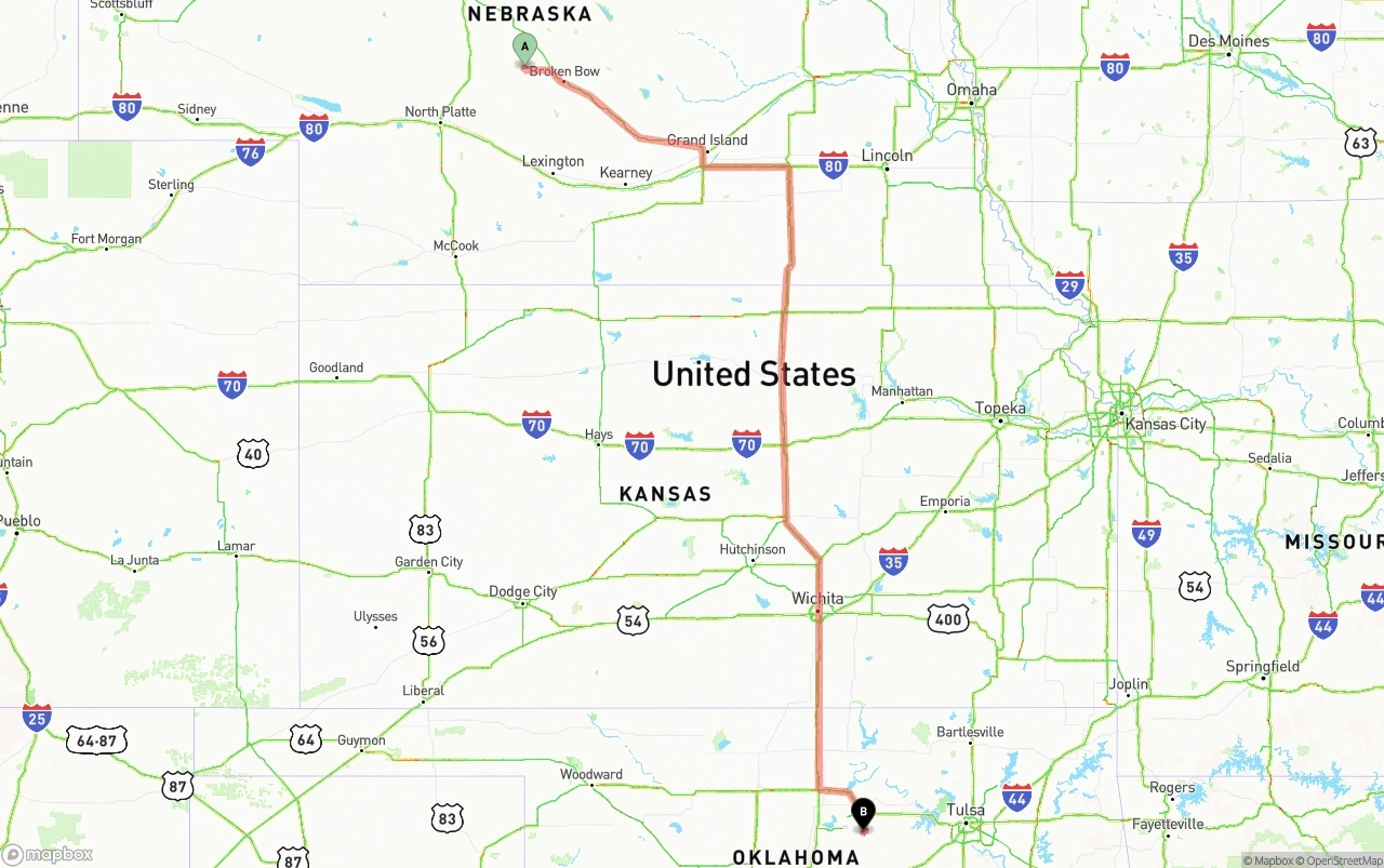 Shipping route from Nebraska to Oklahoma