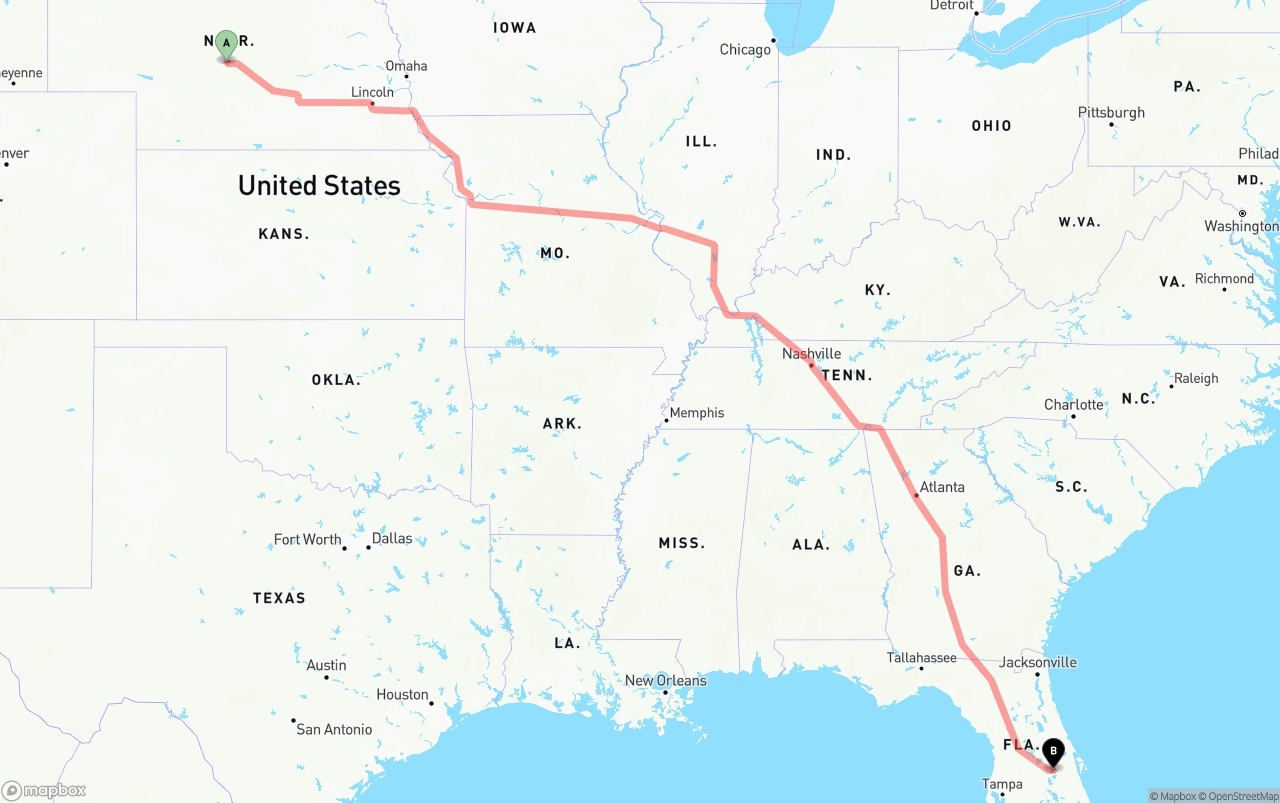 Shipping route from Nebraska to Orlando International Airport
