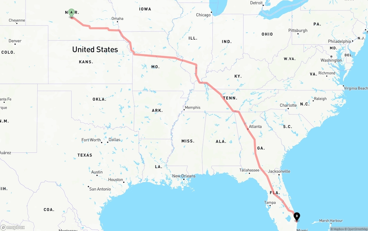 Shipping route from Nebraska to Palm Beach International Airport