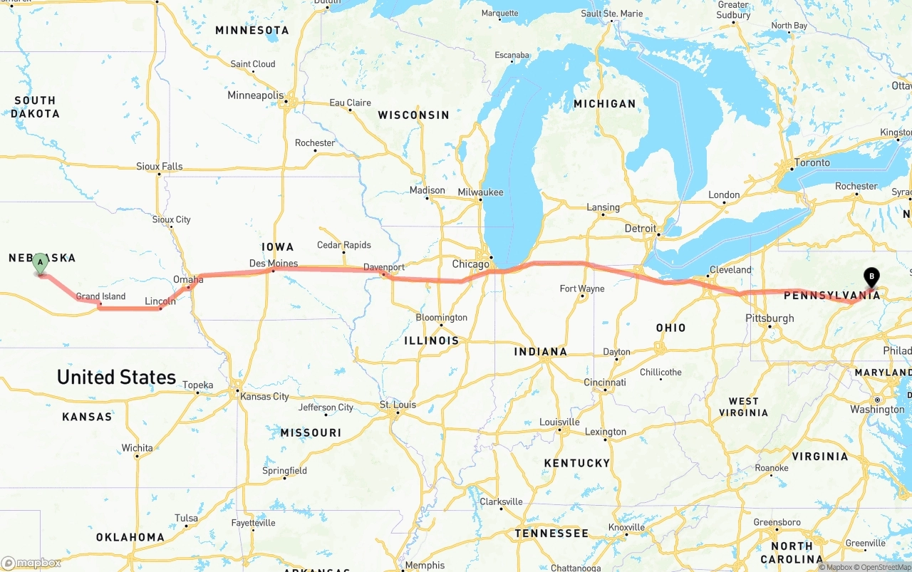 Shipping route from Nebraska to Pennsylvania