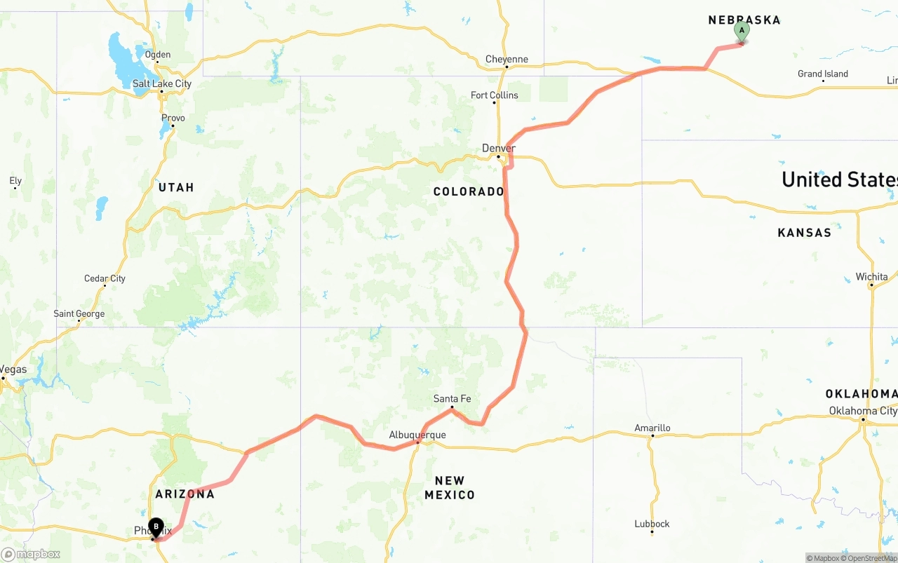 Shipping route from Nebraska to Phoenix Sky Harbor International Airport