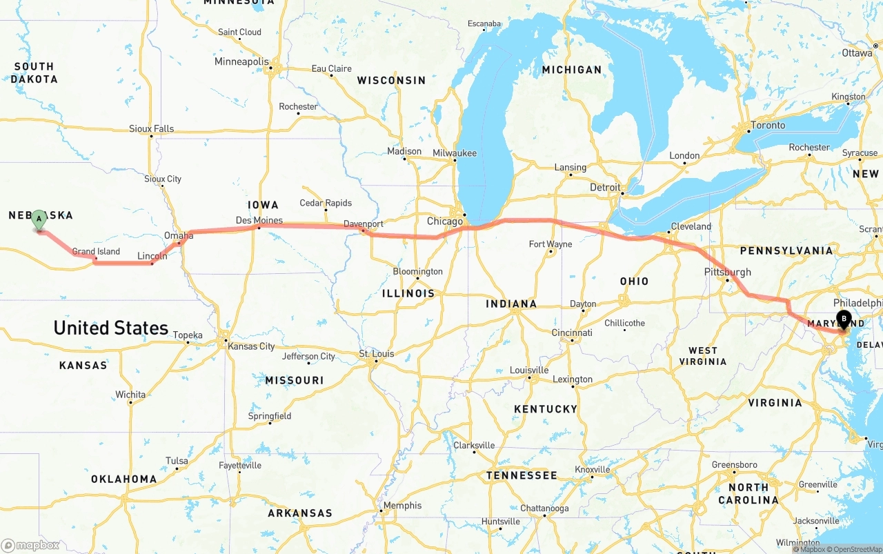 Shipping route from Nebraska to Port of Baltimore
