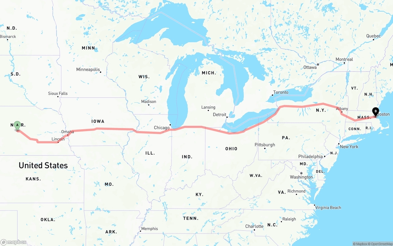 Shipping route from Nebraska to Port of Boston