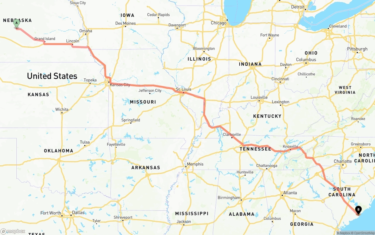 Shipping route from Nebraska to Port of Charleston