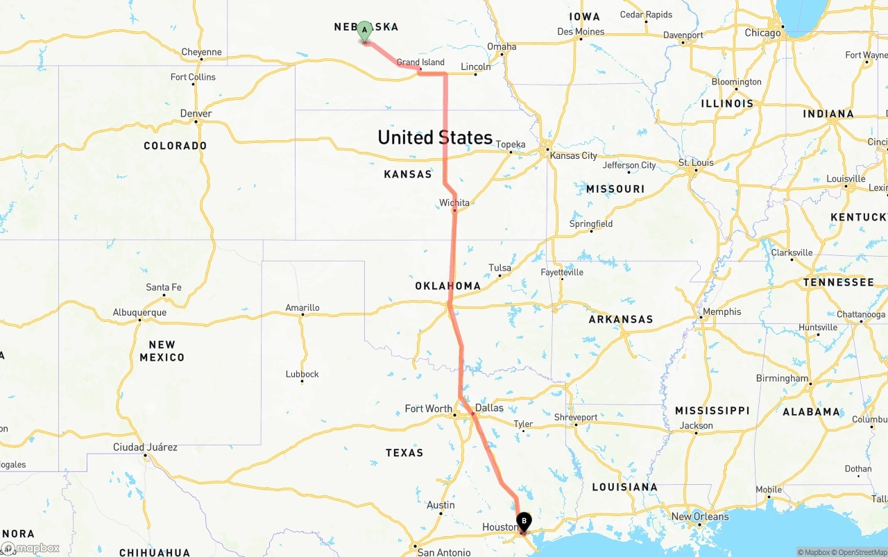Shipping route from Nebraska to Port of Houston