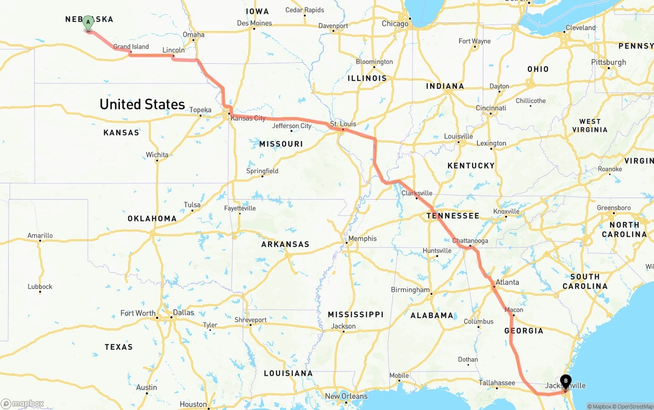 Shipping route from Nebraska to Port of Jacksonville