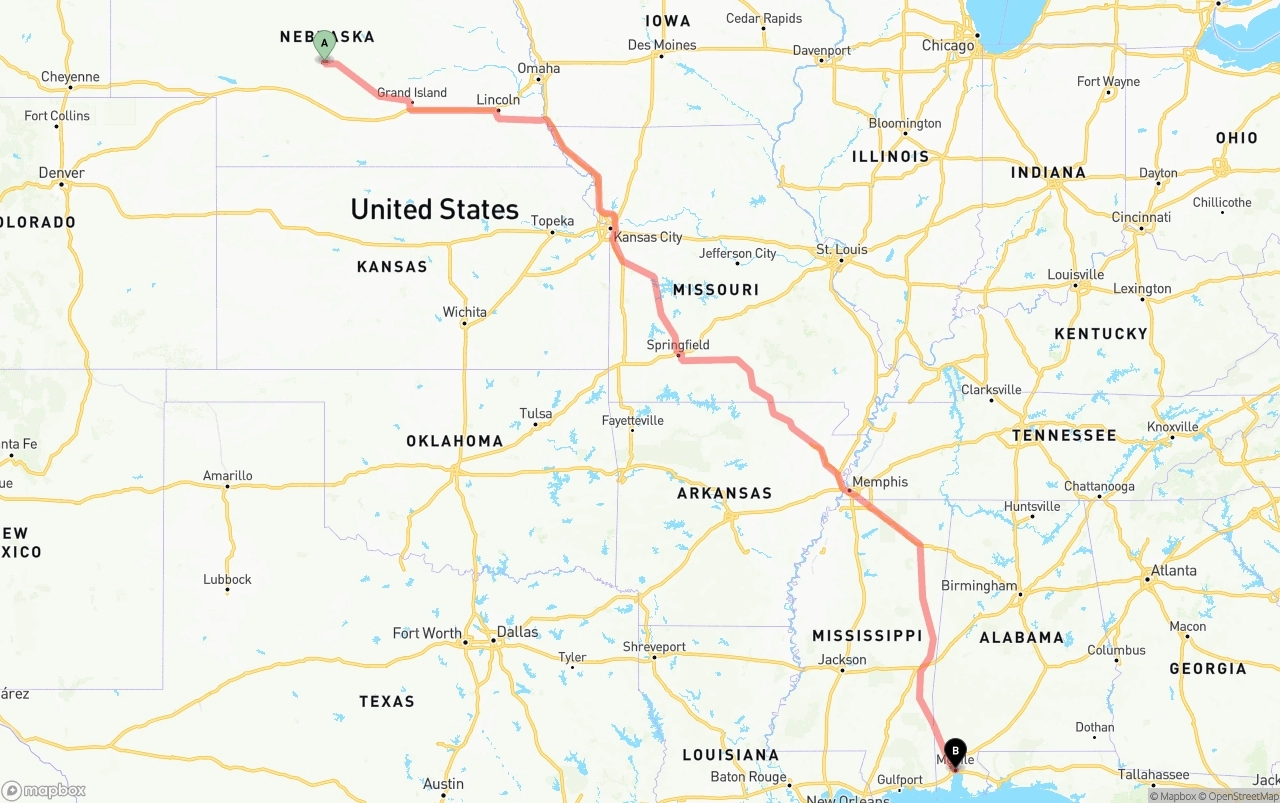 Shipping route from Nebraska to Port of Mobile