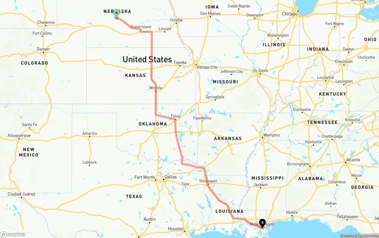 Shipping route from Nebraska to Port of New Orleans
