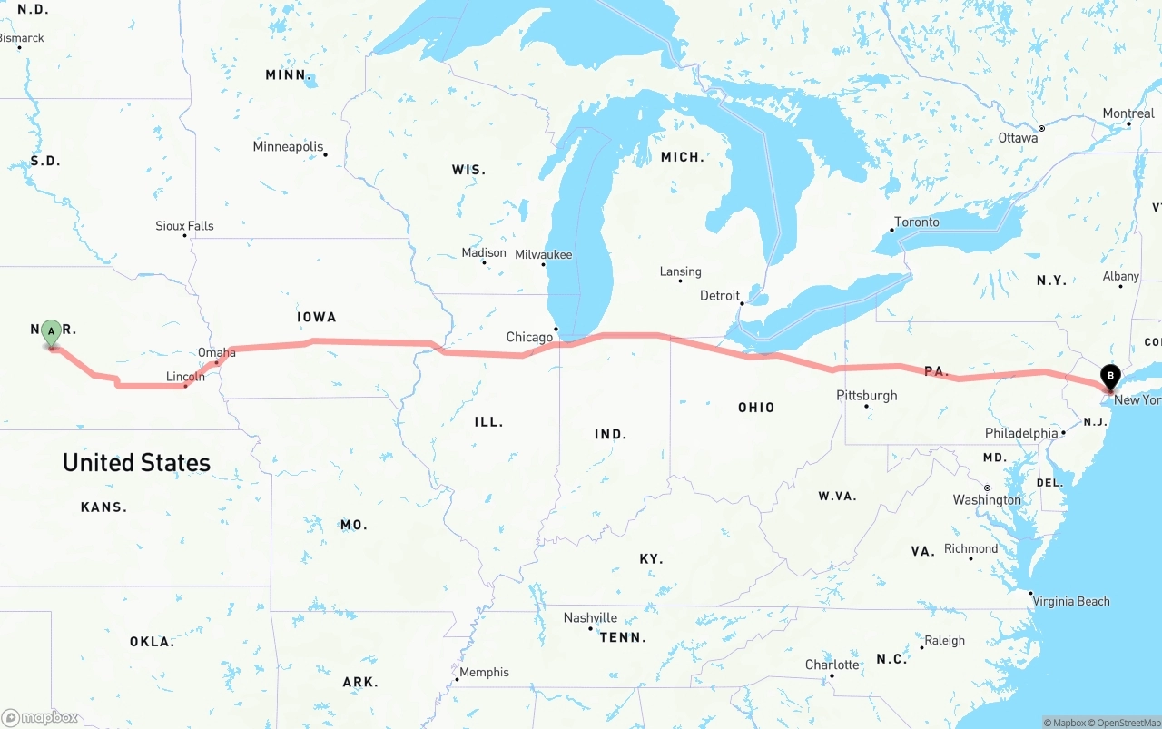 Shipping route from Nebraska to Port of New York