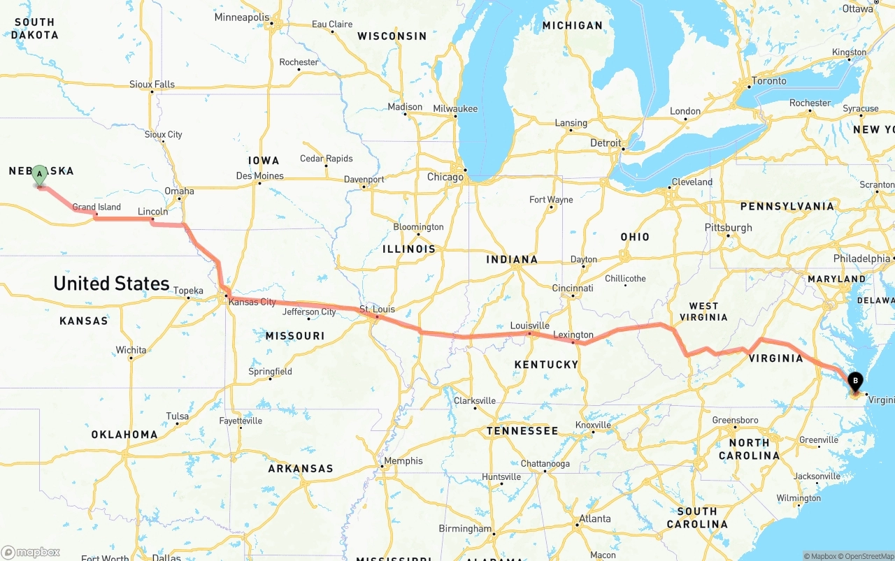 Shipping route from Nebraska to Port of Norfolk