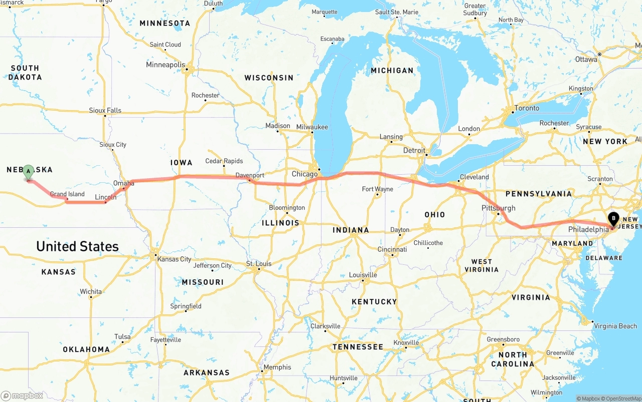 Shipping route from Nebraska to Port of Philadelphia
