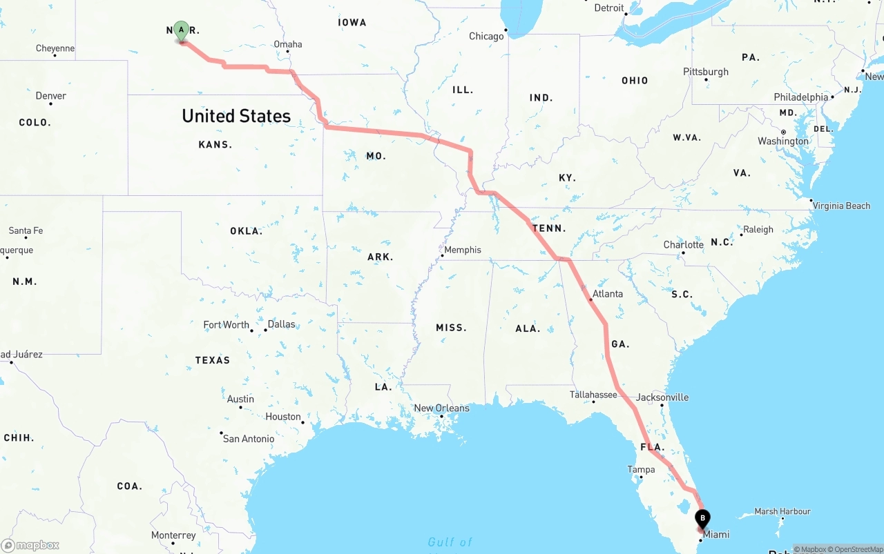 Shipping route from Nebraska to Port of Port Everglades