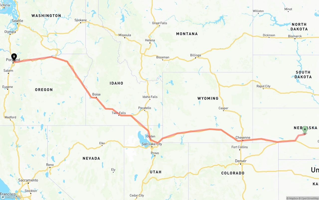 Shipping route from Nebraska to Port of Portland