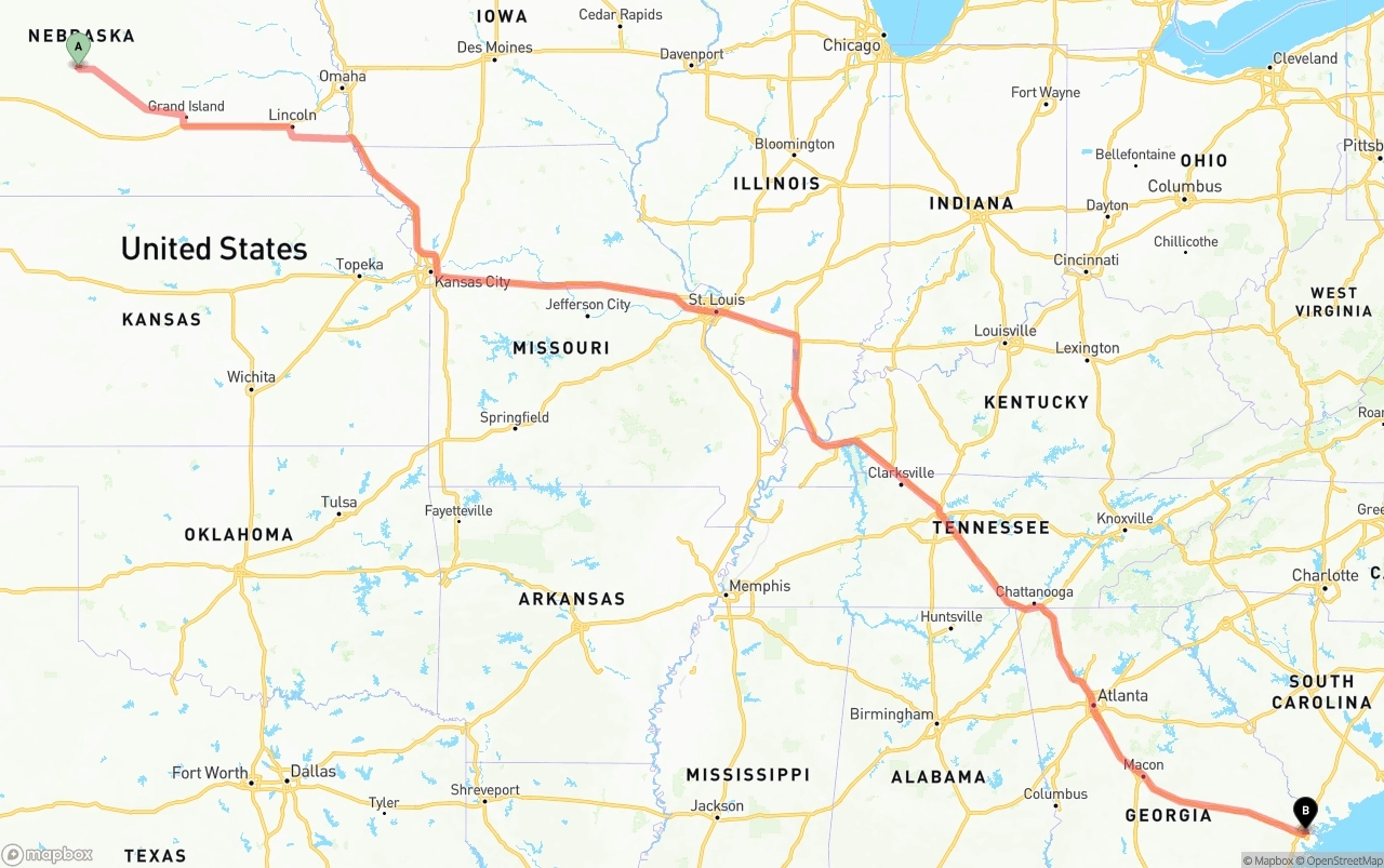 Shipping route from Nebraska to Port of Savannah