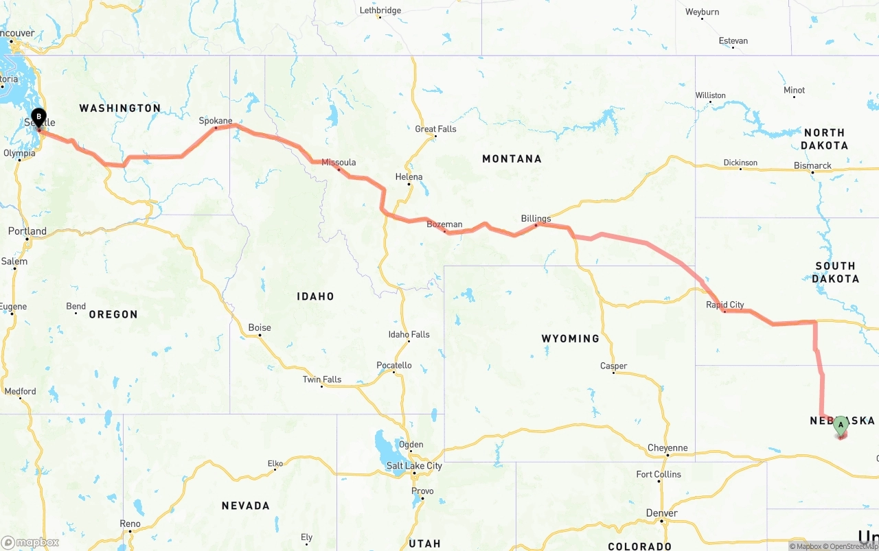 Shipping route from Nebraska to Port of Seattle