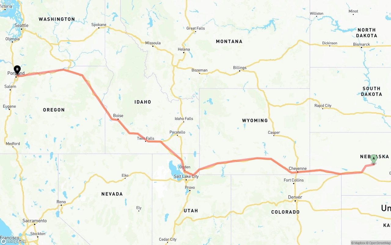 Shipping route from Nebraska to Portland International Airport