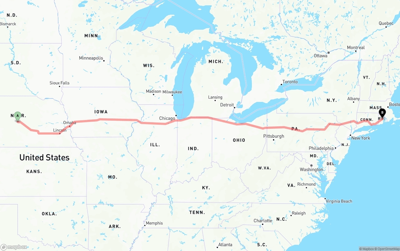 Shipping route from Nebraska to Rhode Island