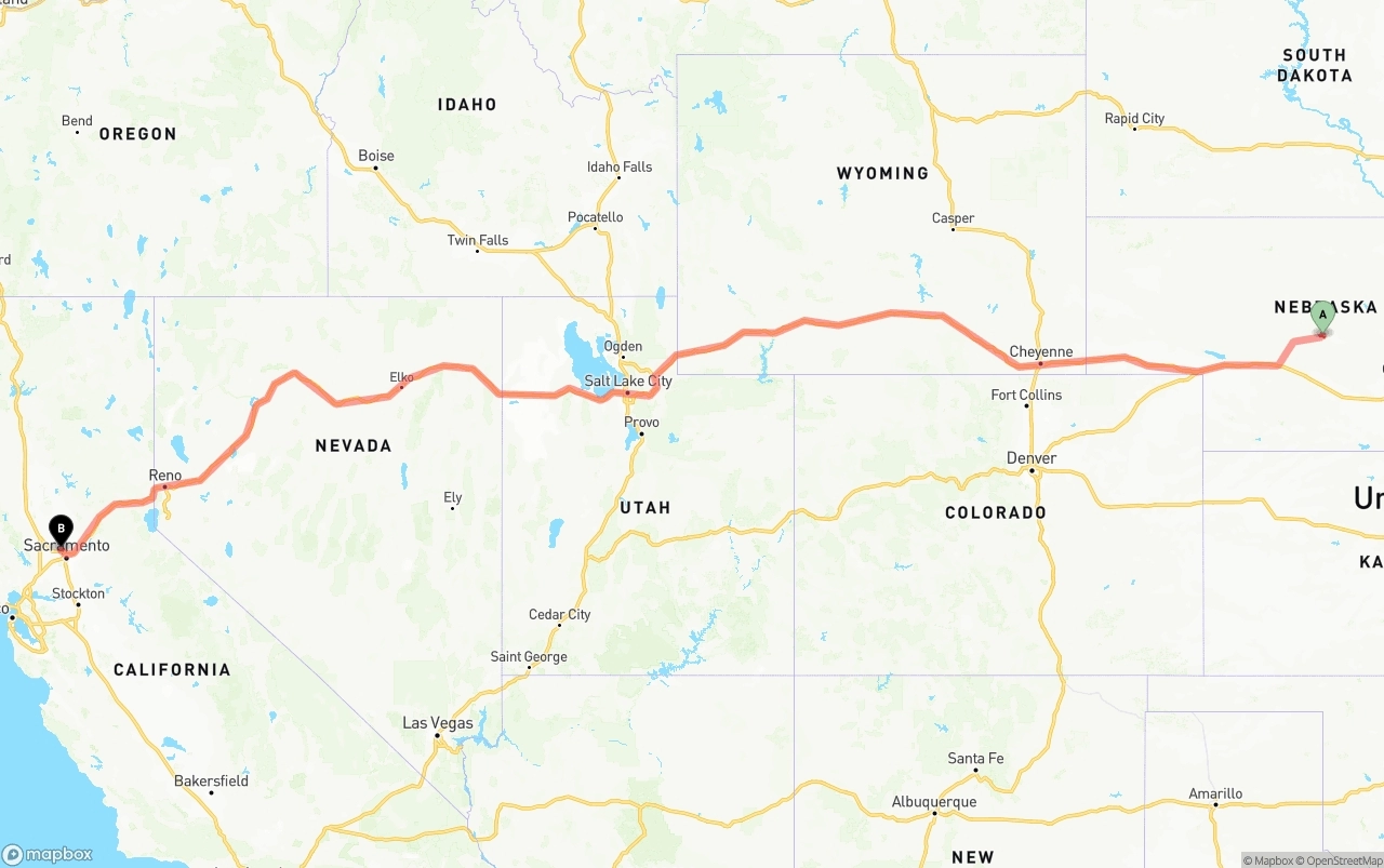 Shipping route from Nebraska to Sacramento International Airport
