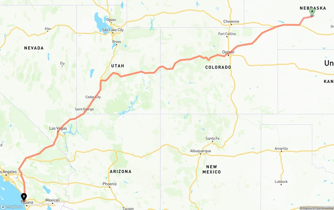 Shipping route from Nebraska to San Diego International Airport