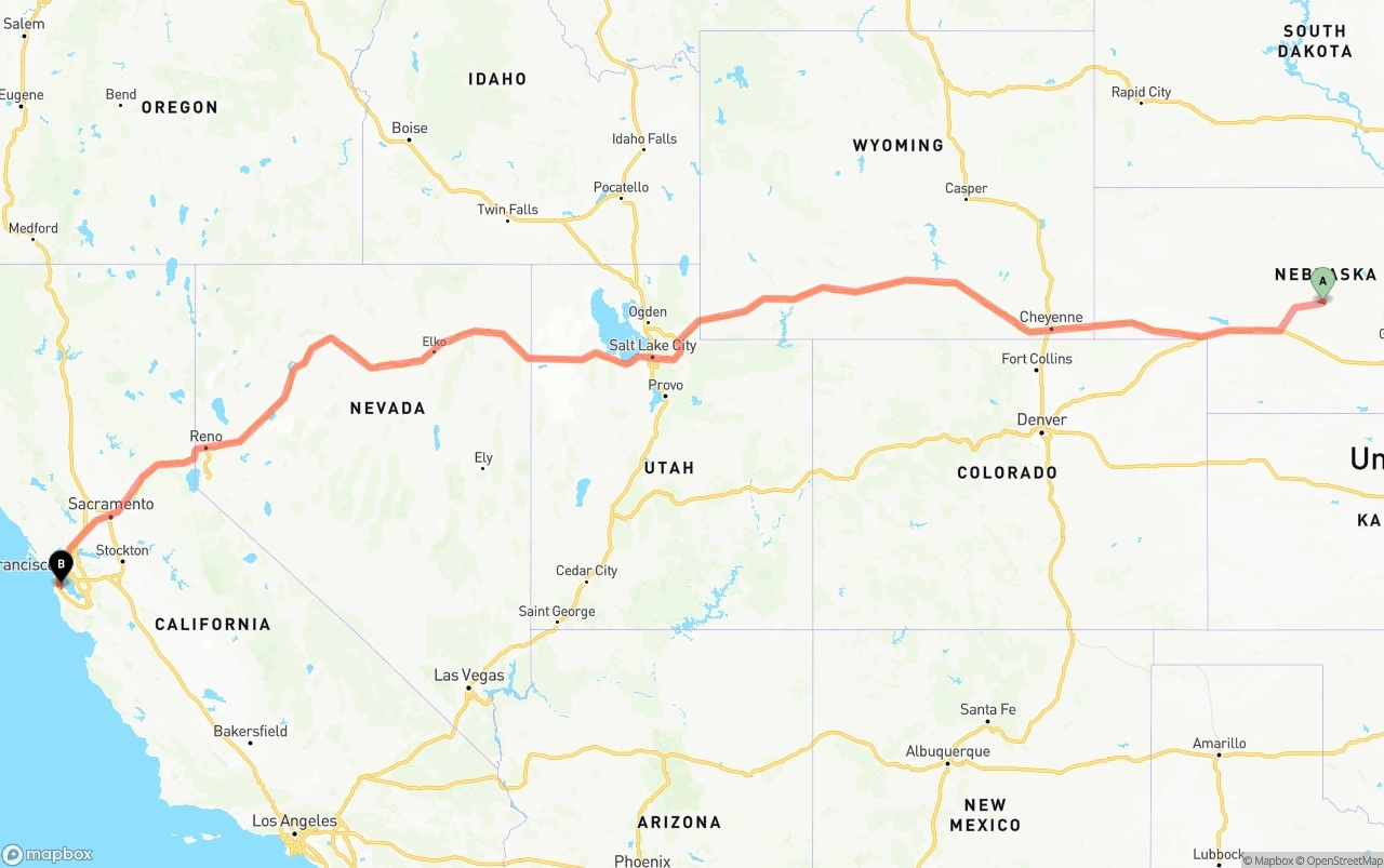 Shipping route from Nebraska to San Francisco International Airport