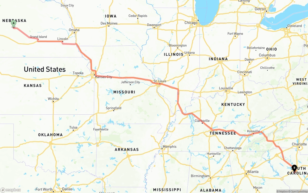 Shipping route from Nebraska to South Carolina