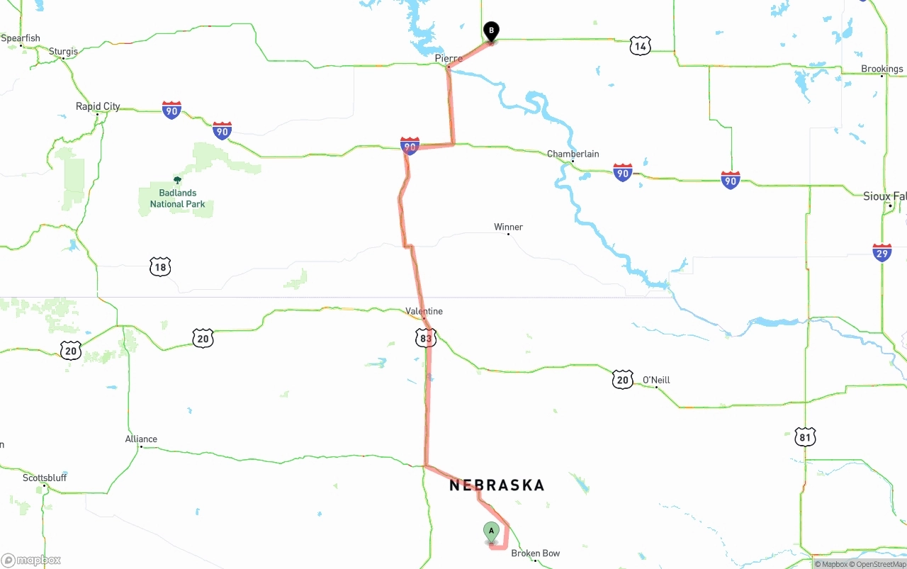 Shipping route from Nebraska to South Dakota