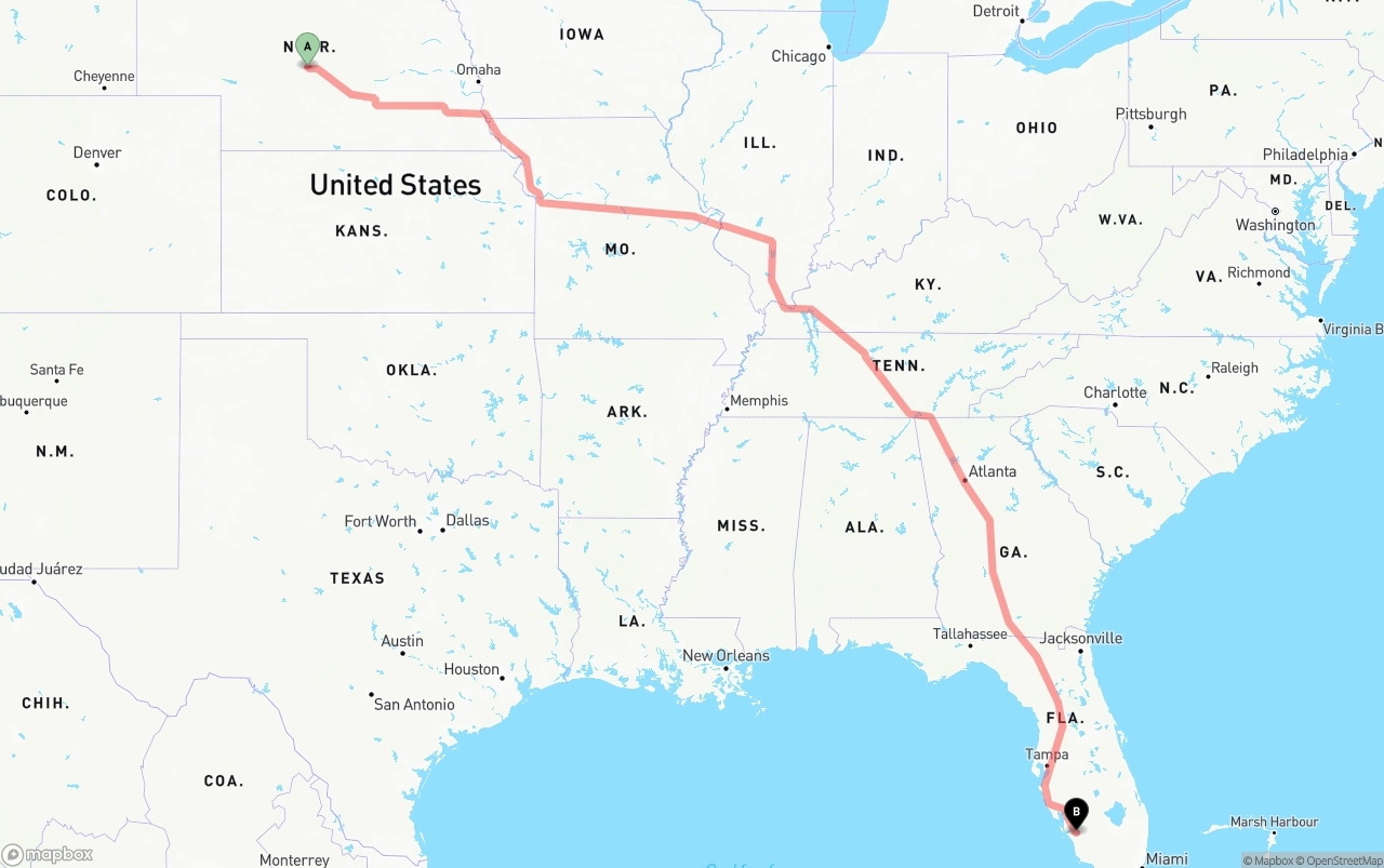 Shipping route from Nebraska to Southwest Florida International Airport