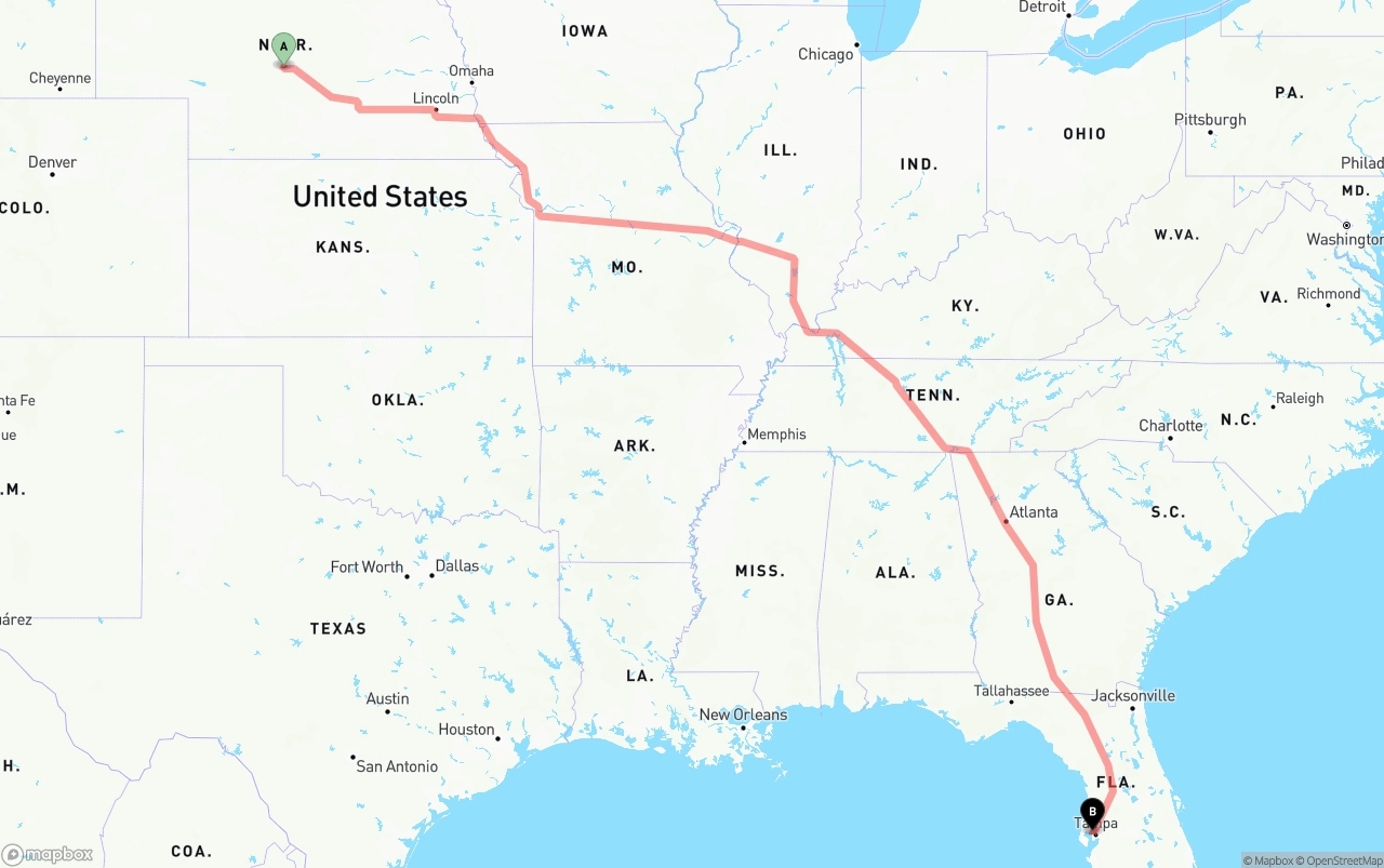 Shipping route from Nebraska to Tampa International Airport