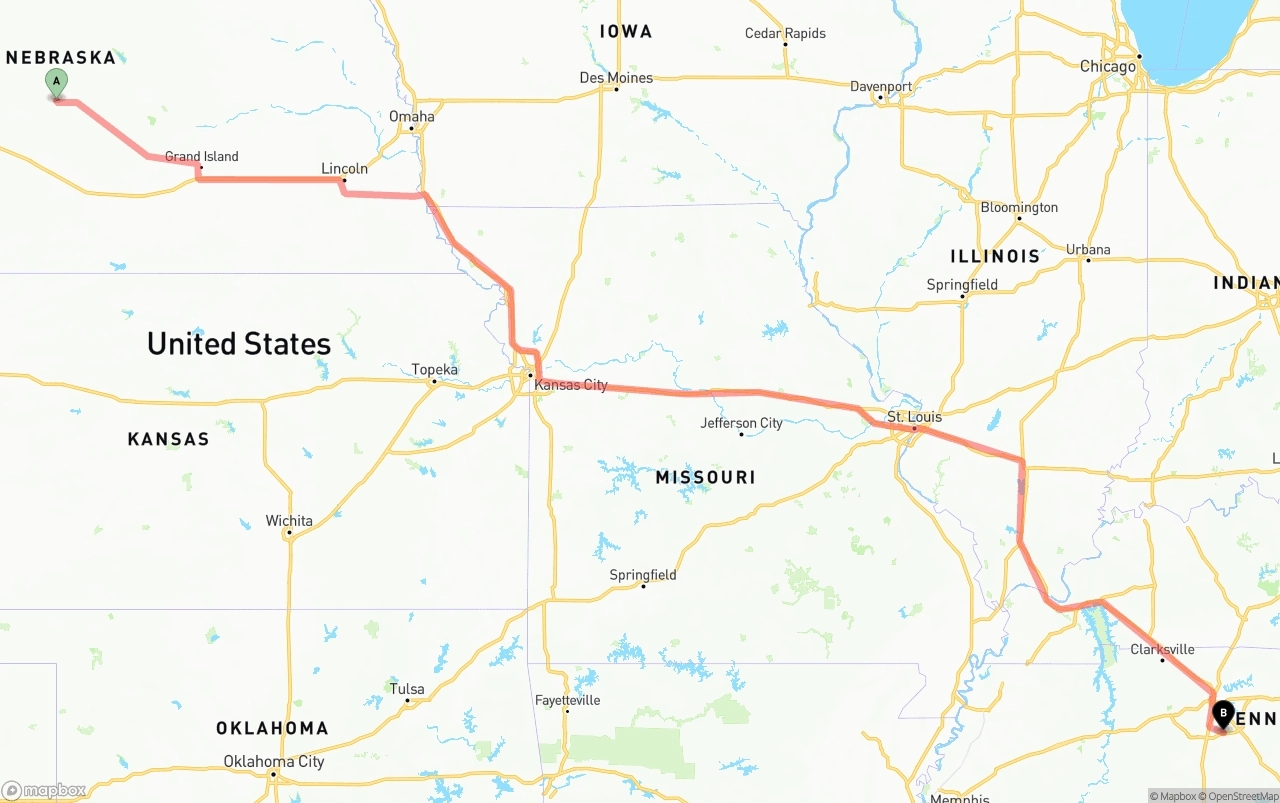 Shipping route from Nebraska to Tennessee