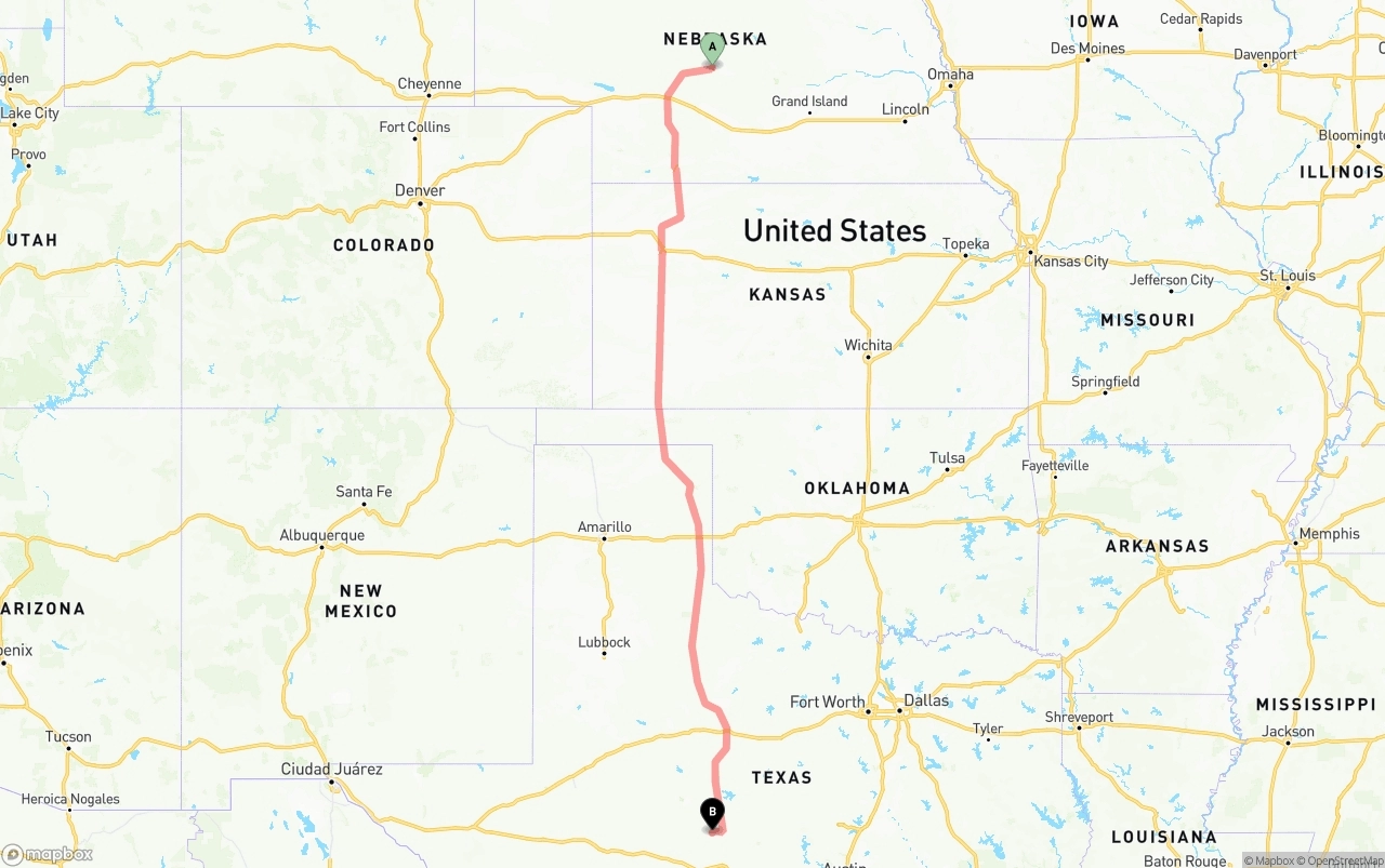 Shipping route from Nebraska to Texas