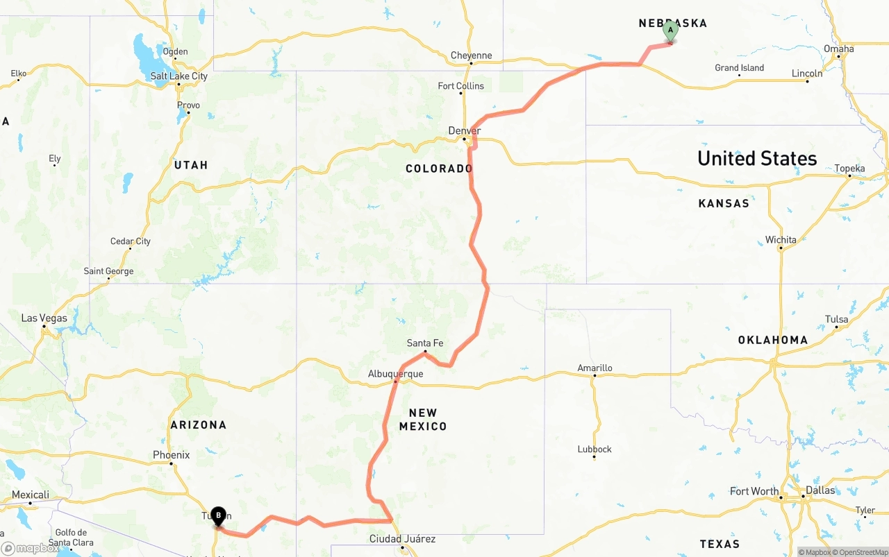 Shipping route from Nebraska to Tucson International Airport