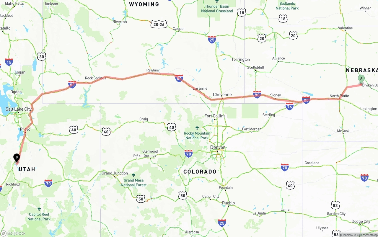 Shipping route from Nebraska to Utah