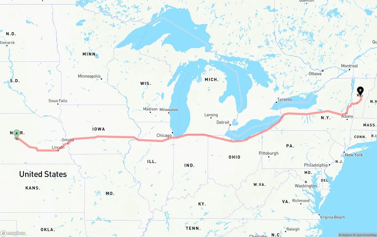 Shipping route from Nebraska to Vermont