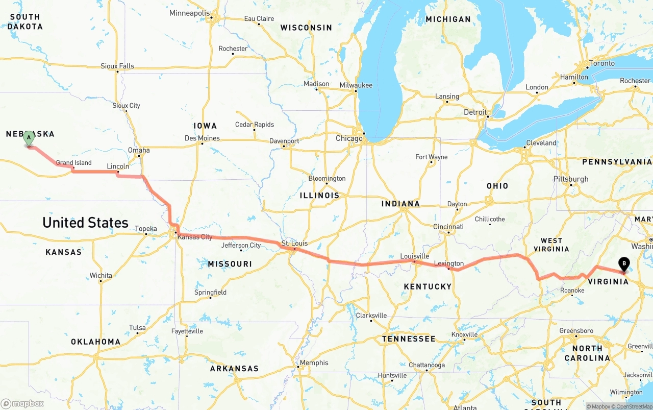 Shipping route from Nebraska to Virginia