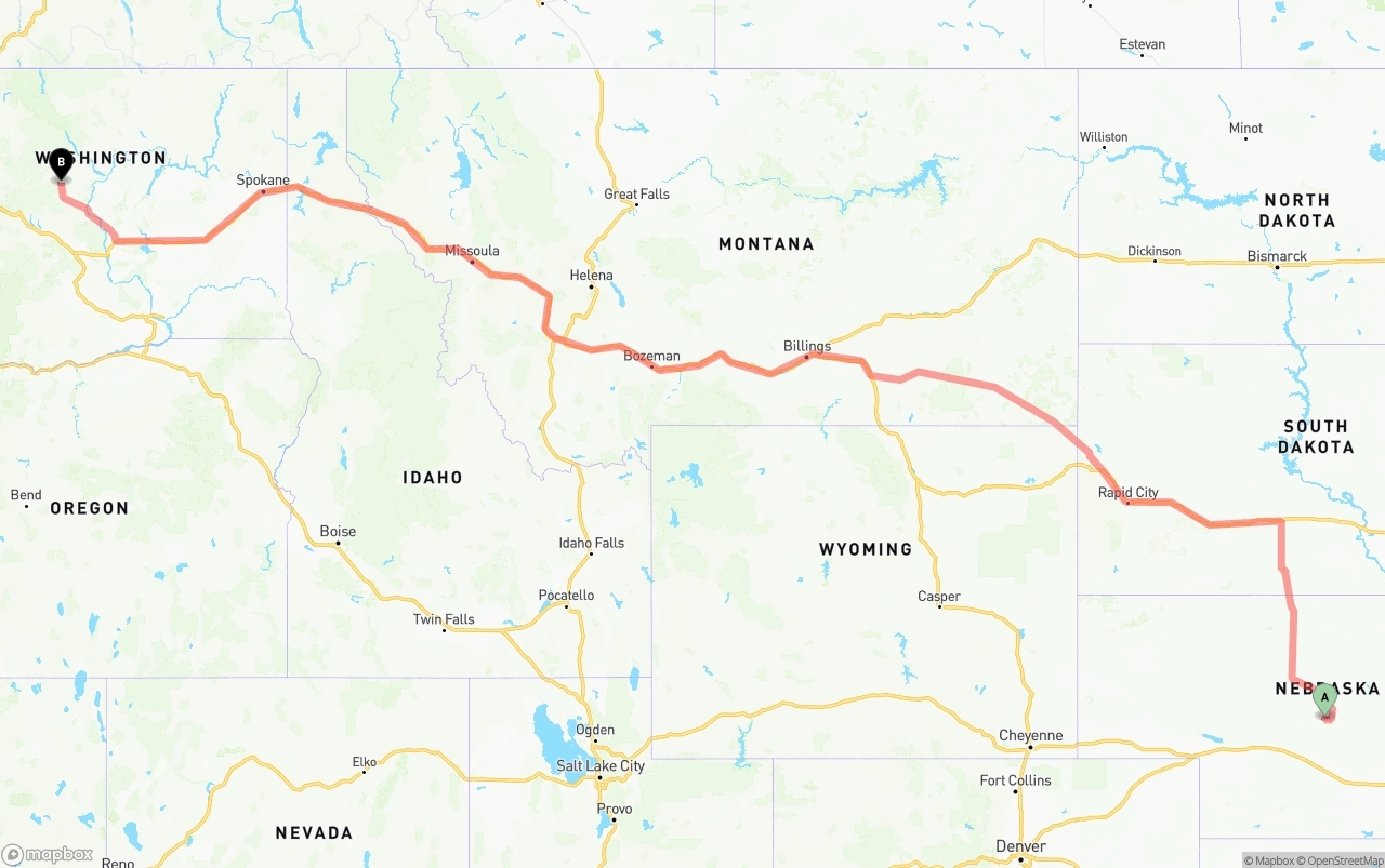 Shipping route from Nebraska to Washington