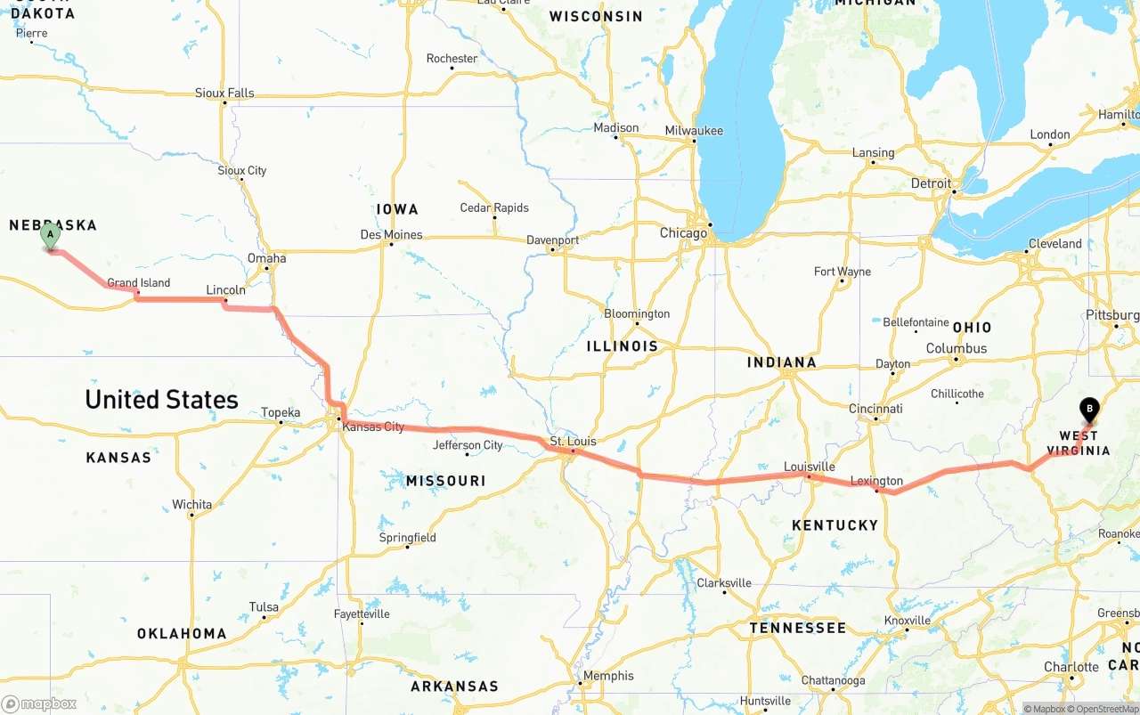 Shipping route from Nebraska to West Virginia