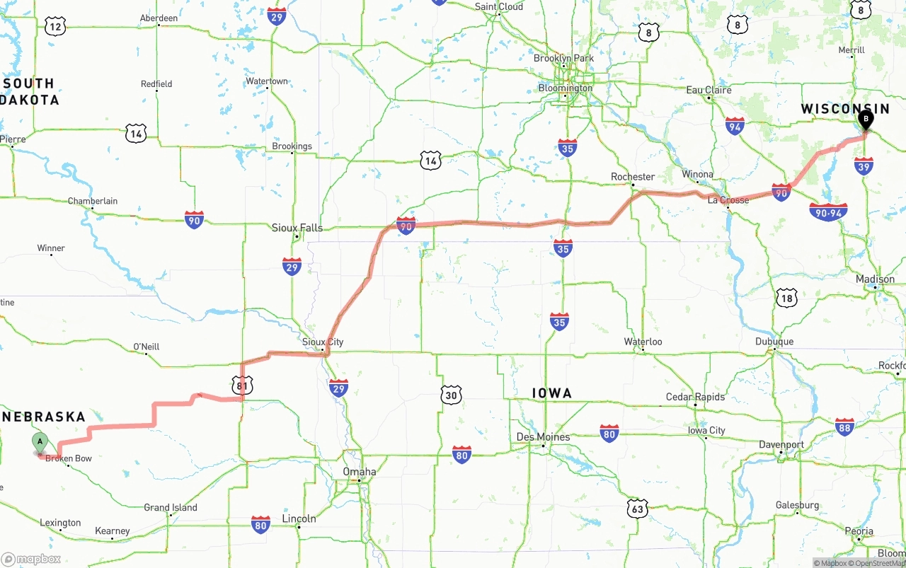 Shipping route from Nebraska to Wisconsin